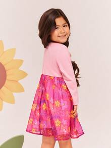 DORA | SHEIN Vestido de niña con cuello redondo, contraste de malla y vuelo, con gráfico de dibujos animados, color rosa - Rosa - Ver 6