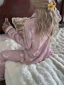 CottageSlumber Floral & Rabbit Print Long Sleeve Top & Pants Pajama Set With Collar, Fall Winter Clothes - Pink - View 2
