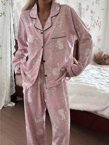 CottageSlumber Floral & Rabbit Print Long Sleeve Top & Pants Pajama Set With Collar, Fall Winter Clothes - Pink - View 3