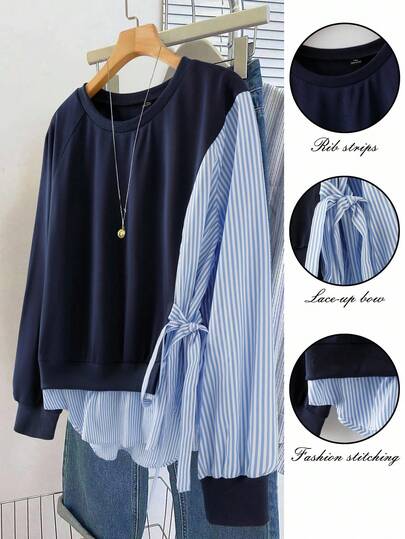 Regalyn Camisa casual de uso doméstico con cuello redondo, manga larga, asimétrica y con lazo, de talla grande, en unicolor y con diseño de parches y rayas para mujeres