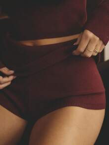 Aralina Elegant Wine Red Square Neck Long Sleeve Slim Fit Ribbed Knit Vacation Outfits Women Two Pieces Set