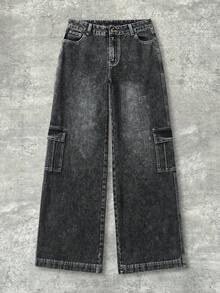 Y2Kool Women's Contrast Stitching Cargo Jeans, Autumn/Winter Streetwear Y2K Style Casual Pants, Suitable For Halloween, Christmas, Back To School Matching Idea Baggy Jeans Y2k Jeans Wide Leg Jeans Black Jeans Denim Pants Stylish Clothing Collection New Year Outfits