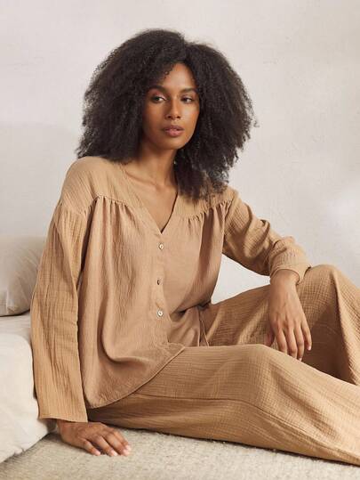 Ocili 女士简约纯色V领宽松长袖上衣和裤子家居服套装，春秋季外出棕色，舒适套装，秋冬服装