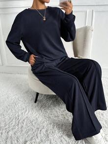 SHEIN Tall 2件組海軍藍秋季女款運動套裝，極簡休閒居家服，寬鬆圓領衛衣搭配寬腿運動長褲，街頭風，適合高個女性 - 藏蓝色 - 查看 7
