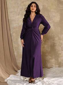 Roveilla 大码女式V领长袖连衣裙，休闲优雅，适合派对穿着 - 紫色 - 查看 3