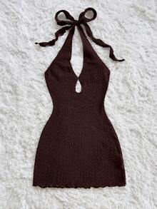 Soleia 休闲度假西部海滩婚礼宾客着装毕业早午餐女士连衣裙，优雅波西米亚热带无肩带露背无袖棕色针织迷你连衣裙 - 咖啡 - 查看 5