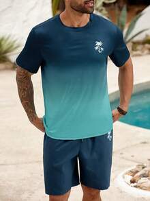 ResortEase 大码男式渐变植物印花短袖 T 恤和口袋休闲短裤两件套，度假舒适服装