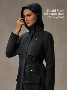 OutZeal 女士防水防风拉链口袋抽绳腰长款户外夹克徒步露营日常 - 黑色 - 查看 2