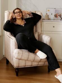 SHEIN Leopard Print Contrast Color Block V-Neck Long Sleeve Lightweight Plus Size Women Pajama Set, Autumn/Winter, Fall Clothes