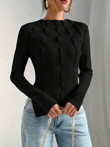 Siren Gaze Women's Exposed Seam Asymmetrical Hem T-Shirt Winter Black Casual Spring - Black - View 7