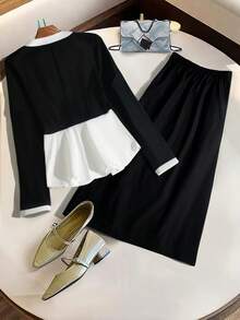 Elenzga Women's Casual Elegant Color Block Satin Ribbon Decor Long Sleeve Shirt + Pleated Mid-Length Skirt 2 Pieces Set, Fashion For Commute, Holiday, Date Fall Cloth For Women