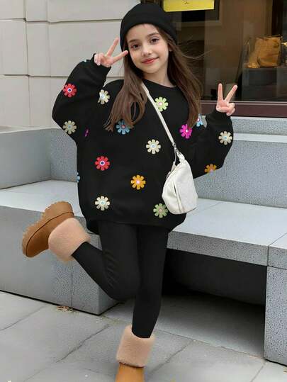 SHEIN Leap Crew 2 件套青少年女孩休闲花卉印花圆领长袖运动衫和紧身裤套装，适合秋冬季