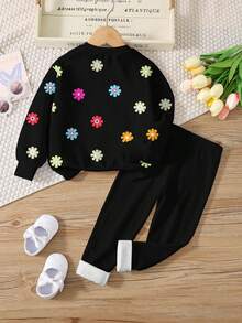 SHEIN Leap Crew 2 件套青少年女孩休闲花卉印花圆领长袖运动衫和紧身裤套装，适合秋冬季