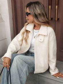 SHEIN LUNE Abrigo holgado de moda de alta gama para mujer, de unicolor, con cuello vuelto, diseño de cuello vuelto, para otoño/invierno, estilo campestre elegante para salir, para mujer, para otoño