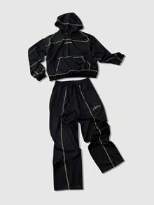 ROMWE MEN 2pcs Men's Hooded Sweatshirt Set With Sweatpants, Suitable For Casual Wear In Autumn/Winter - Black - View 5