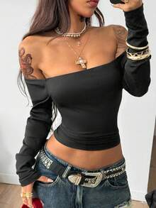 女士秋冬休闲摇滚日常穿着外出针织露肩长袖 T 恤、灰黑条纹和全黑两件套服装 - 彩色 - 查看 7