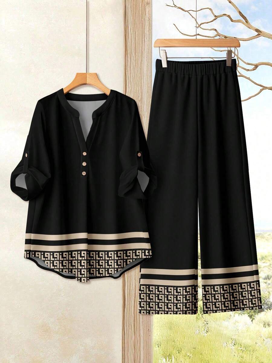 Rusticease 女士休闲几何长袖两件套，适合秋冬季 - 彩色 - 查看 1