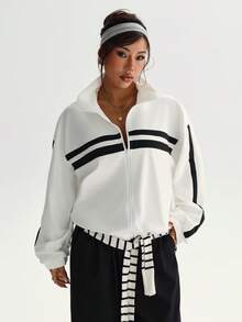 Dewbera 女式秋冬运动夹克，全拉链，立领，撞色条纹，口袋，长袖，宽松版型，适合日常休闲穿着，跑步，瑜伽，健身 2 件短套装女式网球裙长袖女式运动裙套装女式网球裙套装褶皱网球裙女式网球夹克女式网球裙套装 2 件网球服