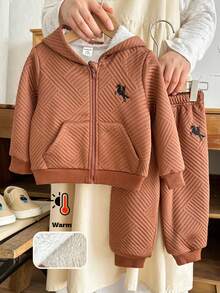 LMoss Kids LMoss 2pcs Baby Boy Knitted Solid Color Embroidered Hoodie Jacket And Pants Set, Long Sleeve, Cozy Fall & Winter Styles, Clothes, Baby Boy Clothes, Winter Set - Brown - View 3