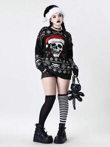 ROMWE Goth 哥特风格圣诞骷髅圣诞帽宽松套头衫 - 黑色 - 查看 6