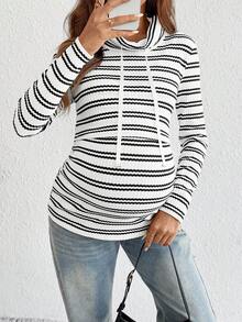 Fall,Maternity Autumn/Winter Striped Long Sleeve Drawstring Nursing T-Shirt - White - View 5