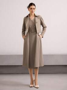 Heiryn 2件套女式无袖连衣裙和长袖上衣套装 - 卡其色 - 查看 3