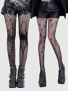 ROMWE Goth 2 Pairs Spider & Bat Design Fishnet Pantyhose, Halloween - Black - View 1