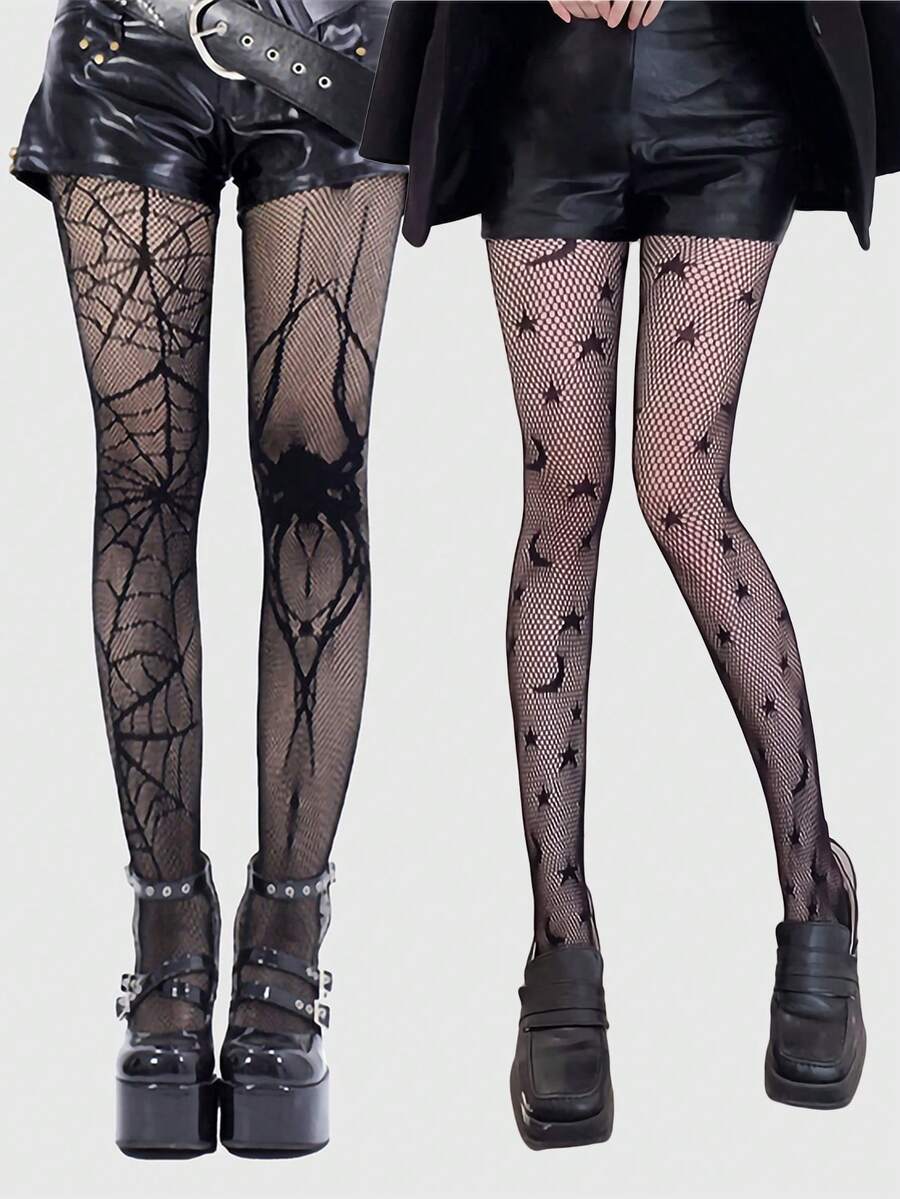 ROMWE Goth 2 Pairs Spider & Bat Design Fishnet Pantyhose, Halloween - Black - View 1