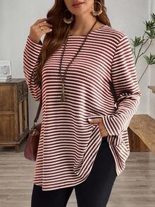 EMERY ROSE 加大码外出上衣女士休闲条纹印花长袖宽松T恤，女士冬季服装 - 酒紅色 - 查看 7