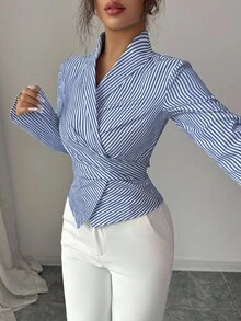 Elenzga 女式条纹长袖收腰休闲通勤衬衫 - 彩色 - 查看 5