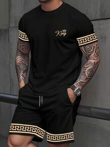 Manfinity LEGND Men's Letter Print Round Neck Short Sleeve Casual T-Shirt And Drawstring Waist Shorts Set