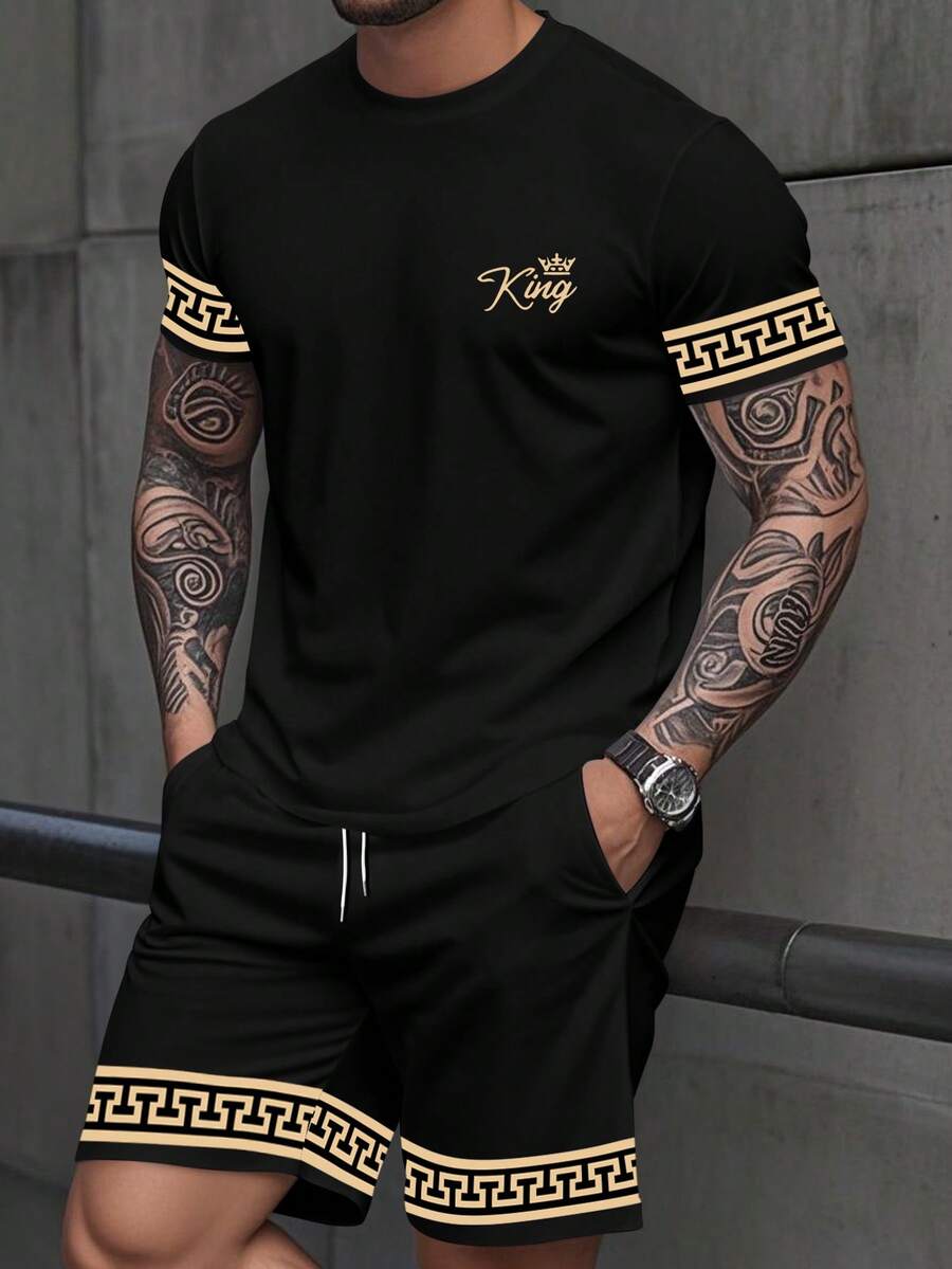 Manfinity LEGND Men's Letter Print Round Neck Short Sleeve Casual T-Shirt And Drawstring Waist Shorts Set