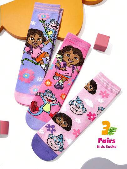 DORA | SHEIN 3 Pairs Girls Cotton Soft & Breathable Moisture-Wicking Kids Mid-Calf Socks  Pink & Purple Cute Cartoon Crew Socks Reinforced Toe & Heel For Durability All Seasons All-Match School & Outdoor Summer Winter Flowers & Monkey