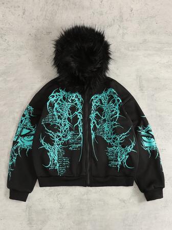 Street Life Sweat-shirt à capuche zippé avec col en polaire imprimé pour hommes, automne/hiver