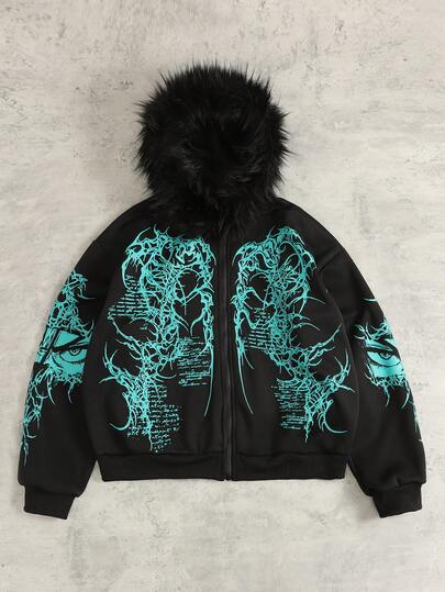 Street Life Men's Fleece Collar Gothic Printed Zip Up Hooded Sweatshirt , Fall/Winter