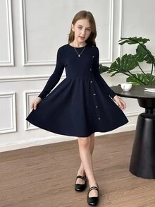 SHEIN Tween Girls Elegant Casual Round Neck Pullover Slit Design Midi Dress For School, Everyday Casual Wear, Fall And Winter Girls Birthday Girls Back To School Autumn Girls Navy Dress Toddler Girls Navy Dress Girls Long Sleeve Dress Girls Dress With Buttons Little Girl Navy Dress Girls Navy Dress With Buttons Girls Dark Blue Dress Children's Navy Dress Tween Girl Navy Dress Girls Button Dress Plain Tween Dress Girls Navy Blue Long Sleeve Dress Girls School Dress Tween Navy Blue Dress - Navy Blue - View 3