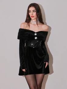 NOVVYNE Women's Elegant Ruched Off Shoulder Long Sleeve Rhinestone Floral Decor Short Dress