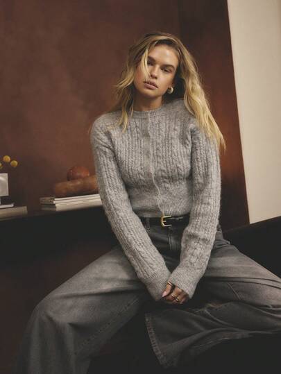 Aralina 秋冬优雅灰色麻花针织长袖纽扣前圆领纽扣开衫，束腰舒适秋季服装女式开衫长袖上衣