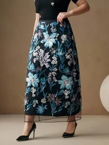 Anewsta 优雅时尚亮片刺绣加大码女式中长裙，适合节日、春夏穿着 - 藍色 - 查看 2