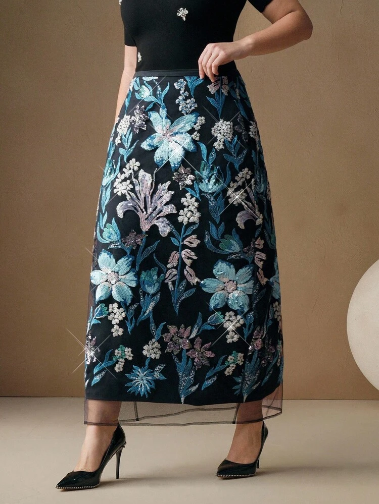 Saia Midi Elegante e da Moda para Mulheres Plus Size com Bordado de Lantejoulas, Adequada para Festivais, Primavera/Verão