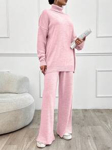 EURMUSE High Neck Drop Shoulder Sweater & Ribbed Pant Set - Baby Pink - View 4