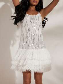 Opulessa Women's Fashionable Party Sequin Patchwork Fringe Hem Mini Dress,  White Sequin Elegant Party Outfit, Luxury Evening Dresses For Weddings, Beach Dress, New Year, Thanksgiving Outfits, White Rhinestone And Feather Detail, Graduation, Prom Dress