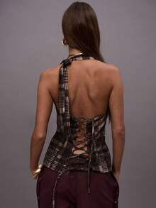 MUSERA 格纹深V露背系带吊带上衣，适合秋冬季夜间外出、街头风、可爱性感优雅的春夏装扮 - 棕色 - 查看 3