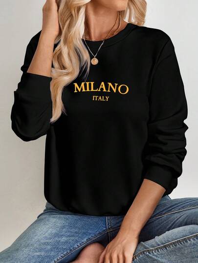 SHEIN EZwear Casual Minimalist Milano Print Pattern Black Crew Neck Long Sleeve Loose Fit Women Hoodie Sweatshirt, Suitable For Autumn/Winter