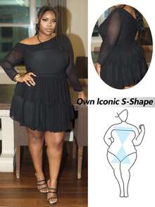 Hourglow Ceceforeign_ Plus Size Elegant Sweet Sexy Women's Black Mesh Asymmetrical Oblique Shoulder Long Sleeve Ruffled Hem Mini Dress, Fairy Core Dress, Suitable For Valentine's Day, Summer, Birthday, Plus Size Formal Party, For Hourglass Body Shape - Black - View 1