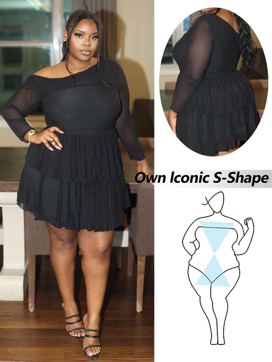 Hourglow Ceceforeign_ Plus Size Elegant Sweet Sexy Women's Black Mesh Asymmetrical Oblique Shoulder Long Sleeve Ruffled Hem Mini Dress, Fairy Core Dress, Suitable For Valentine's Day, Summer, Birthday, Plus Size Formal Party, For Hourglass Body Shape - Black - View 1