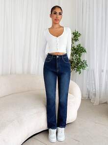 SHEIN Tall 女士口袋喇叭袖休闲百搭牛仔裤，高个女款，秋冬季保暖内衬蓝色牛仔裤 - 藍色 - 查看 6