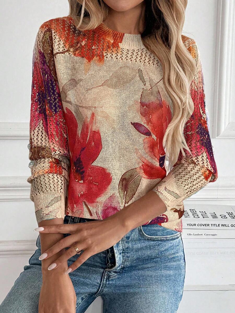 EMERY ROSE New Autumn Casual Loose Hollow Out Mesh Layered Fashionable Knit Blouse For Women Fall Sweater - Camel - View 1