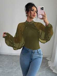 Elenzga Women's Stand Collar Elegant Chiffon Beaded Bodysuit - Army Green - View 3