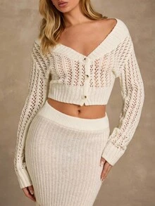 SHEIN Glamour 女士纯色镂空落肩长袖短款针织开衫 - 米色 - 查看 3
